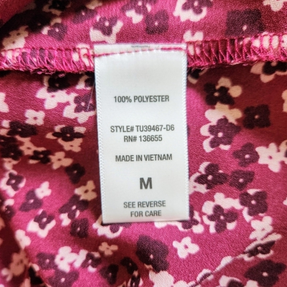 West Kei Berry Red Floral Peasant Blouse Balloon Sleeve Keyhole Neck Size M - Picture 8 of 13